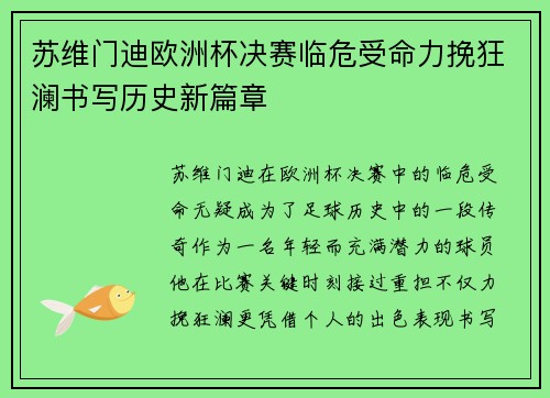 苏维门迪欧洲杯决赛临危受命力挽狂澜书写历史新篇章 苏维门迪欧洲杯决赛临危受命力挽狂澜书写历史新篇章